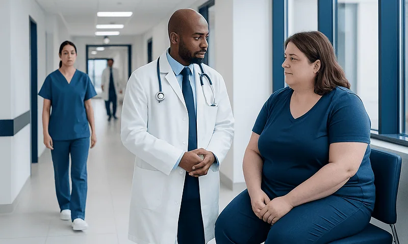 Doctor consulting a patient in a hospital corridor with medical staff in background.