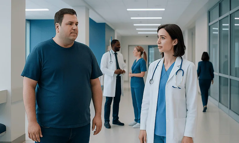 Patient consulting with a healthcare professional in hospital corridor.