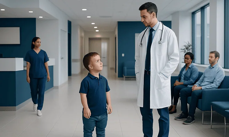 Doctor talking to young boy in hospital corridor with staff and patients in background.