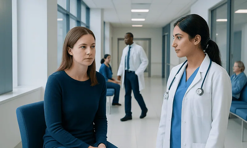 Doctor consulting a young woman in a hospital corridor.