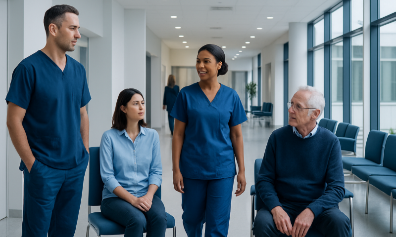 Healthcare professionals consulting with elderly patient in hospital corridor.