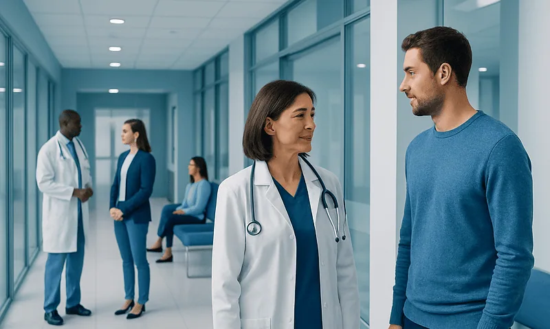 Doctor and patient discussing in hospital corridor with other staff in background.