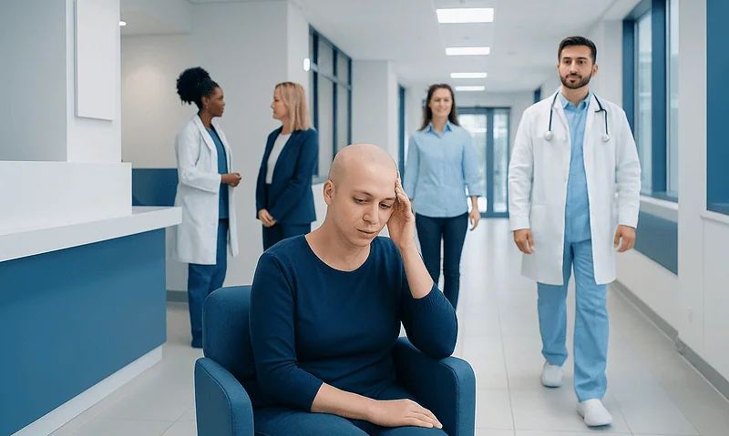 Patient experiencing hair loss in hospital corridor with medical staff nearby.