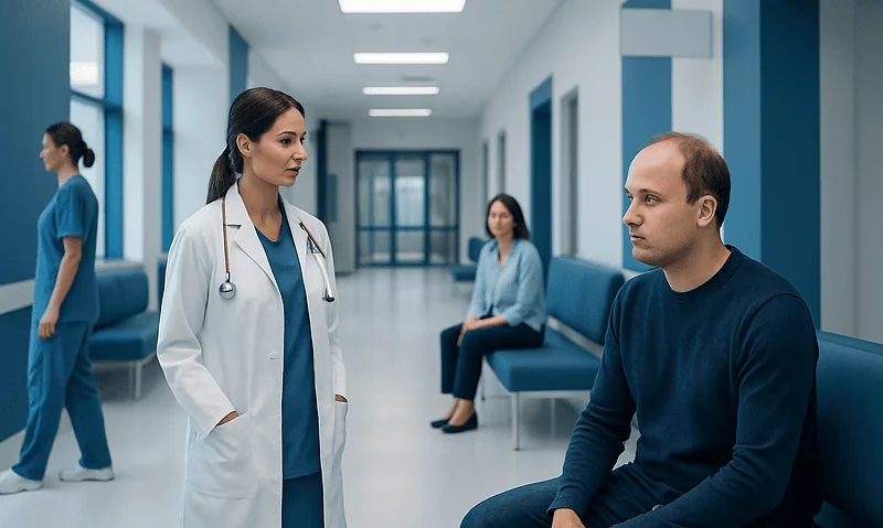 Doctor consulting male patient in hospital corridor at Acibadem Hospitals.