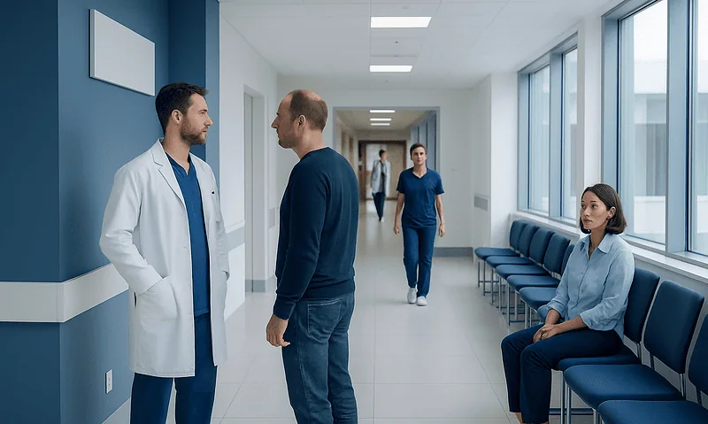 Doctor talking to patient in hospital corridor with waiting area.