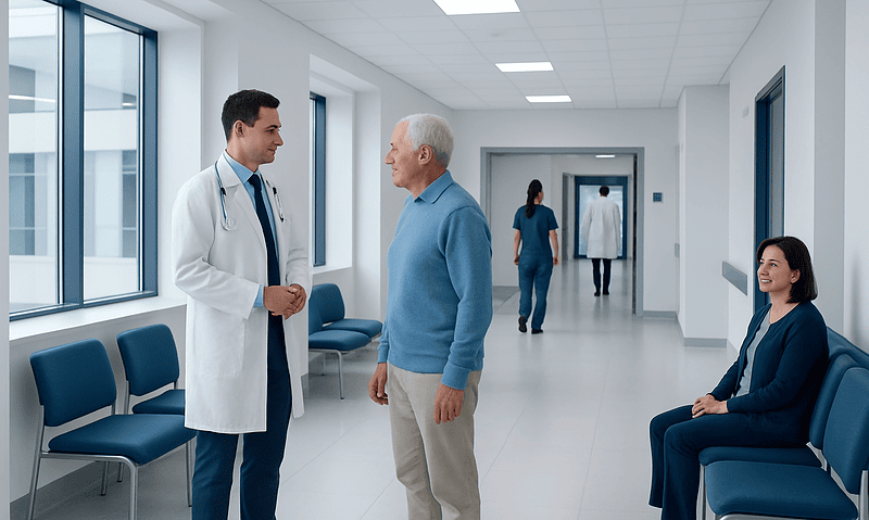 Doctor talking to an elderly patient in a hospital corridor.