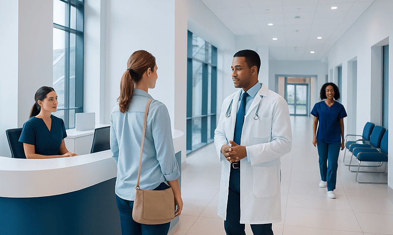 Doctor talking to a patient in a hospital corridor with staff in the background.