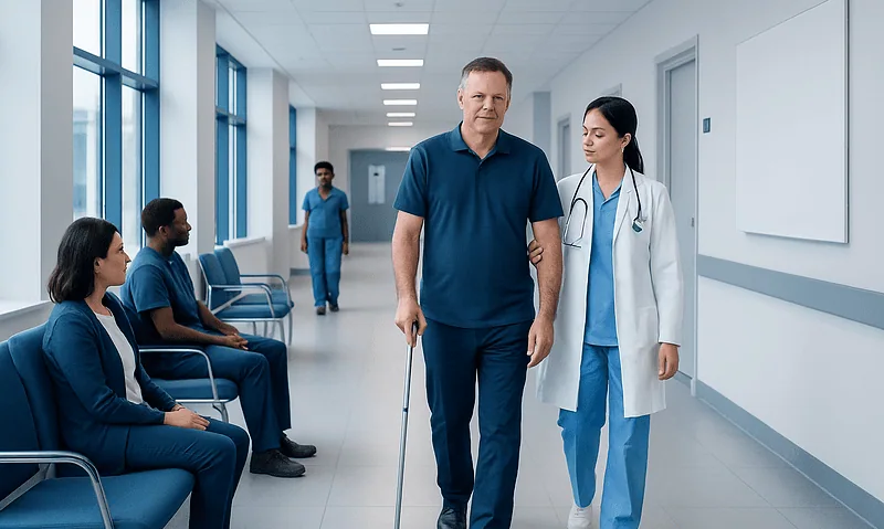 Patient with crutches walking in hospital corridor with medical staff and other patients.
