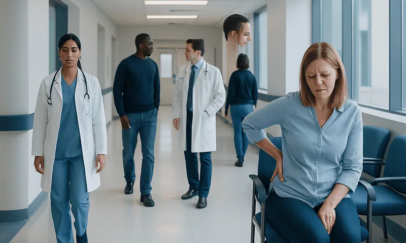 Patient experiencing discomfort in a hospital corridor with medical staff nearby.