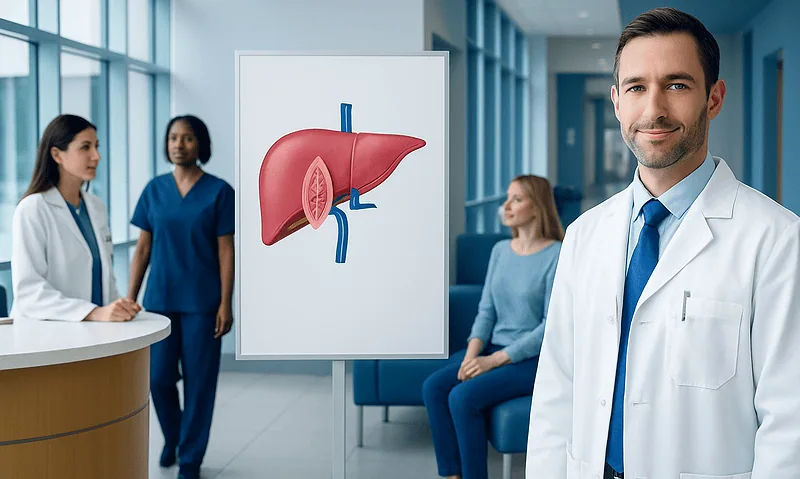 Doctor explaining liver anatomy with medical staff in hospital setting.