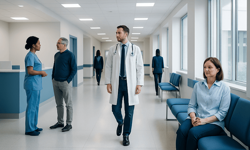 Medical professionals and patients in a hospital corridor at Acibadem Hospitals Group.