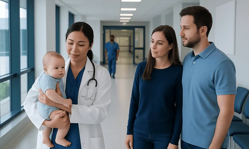 Pediatric doctor with parents and baby in hospital corridor.