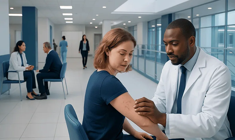 Doctor administering allergy test to a patient in a hospital setting.