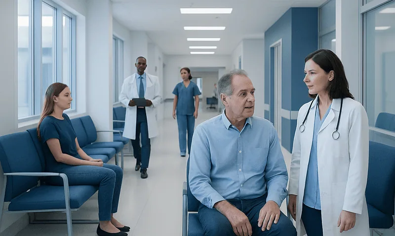 Hospital consultation with doctors and patient in a modern medical facility.