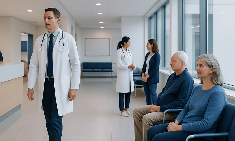 Medical professionals and patients in a modern hospital waiting area.