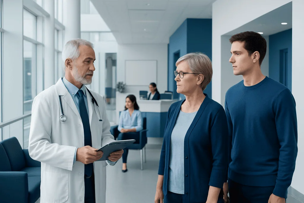 How Huntington’s Disease Is Diagnosed: Exams, Imaging, and Genetic Testing 1 Doctor consulting with an elderly woman and a young man in a hospital lobby.