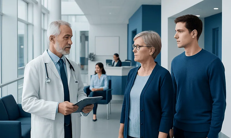 Doctor consulting with an elderly woman and a young man in a hospital lobby.