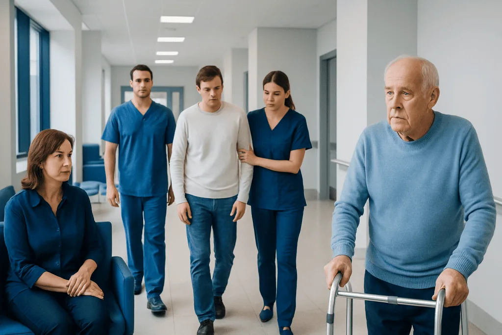 Stages of Huntington’s Disease: How Symptoms Progress Over Time 1 Elderly man with walker in hospital corridor with caregivers and family members.