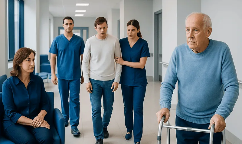 Elderly man with walker in hospital corridor with caregivers and family members.