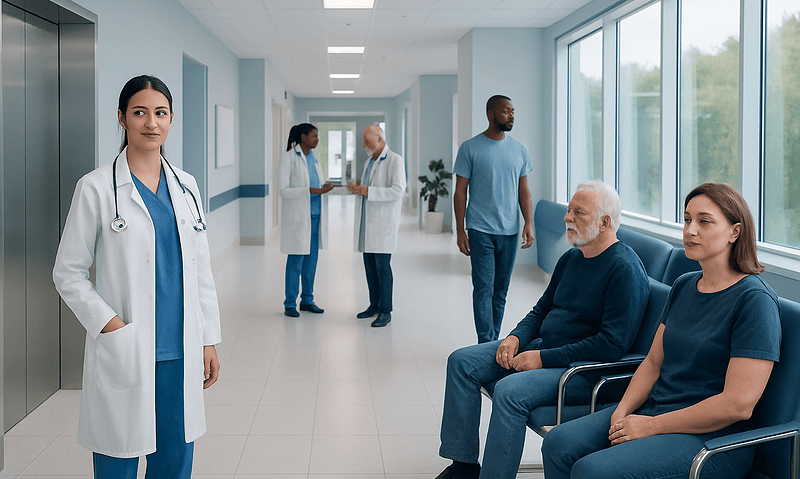 Medical staff and patients in a hospital corridor at Acibadem Hospitals Group.