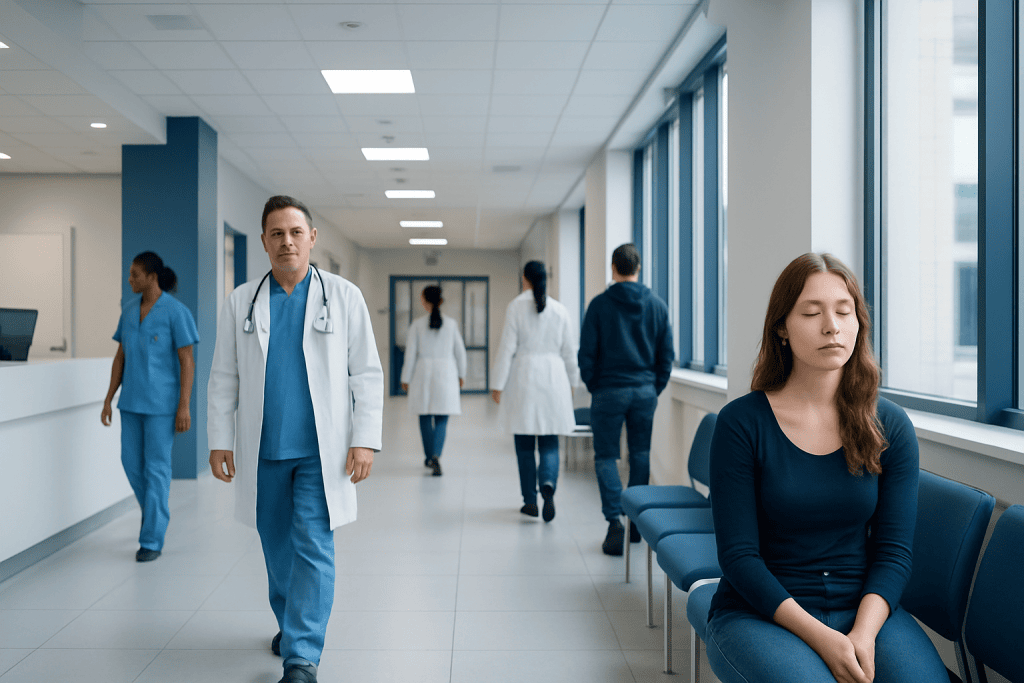 Idiopathic Hypersomnia: Symptoms, Sleep Testing, and Treatment Options 1 Patient experiencing sleep issues in hospital corridor with medical staff nearby.