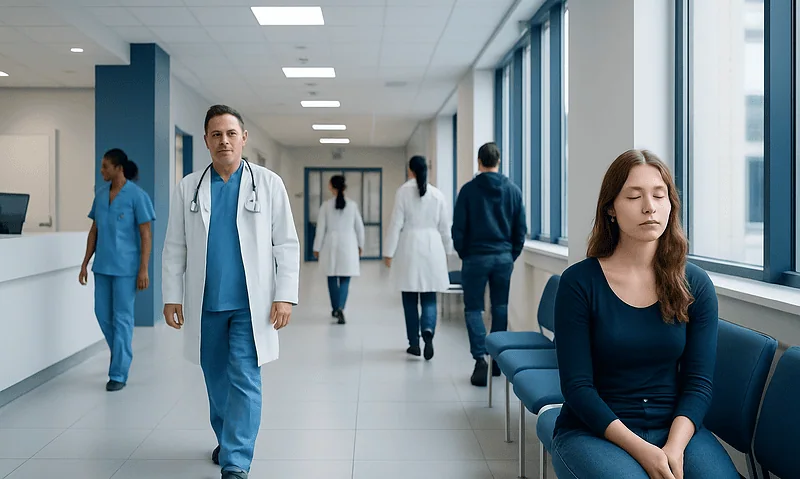 Patient experiencing sleep issues in hospital corridor with medical staff nearby.