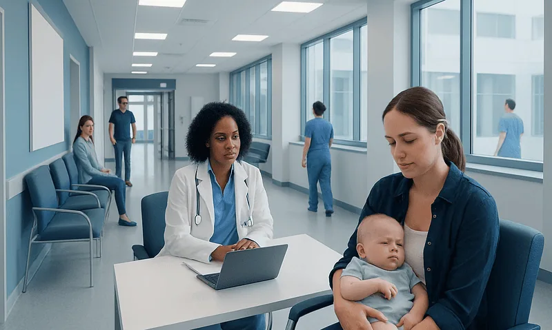 Pediatric consultation in a modern hospital with a mother and baby.