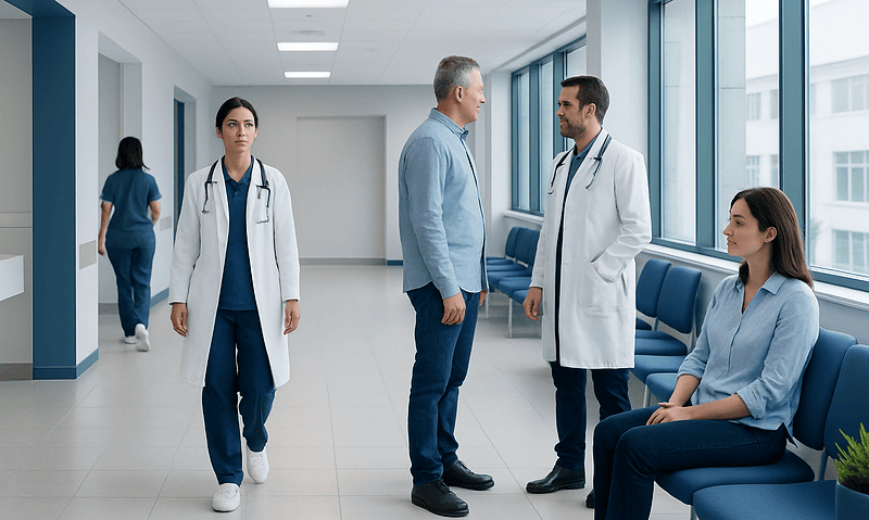 Medical team discussing patient care in hospital corridor.