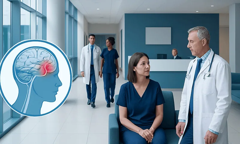 Medical team discussing stroke symptoms in hospital corridor.