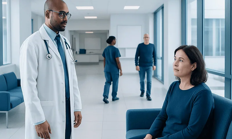 Doctor consulting a patient in a hospital corridor with medical staff in the background.