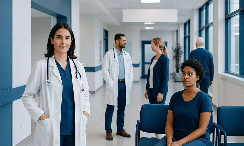 Medical professionals and patient in a hospital corridor at Acibadem Hospitals Group.