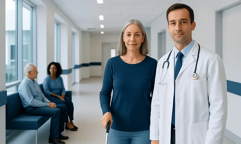 Doctor with a patient in a hospital corridor, two people sitting in the background.