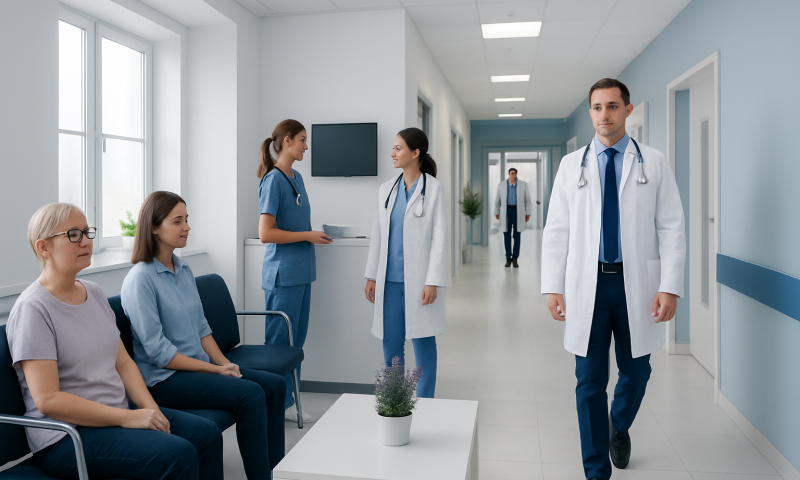 Medical team consulting with patients in a hospital corridor.