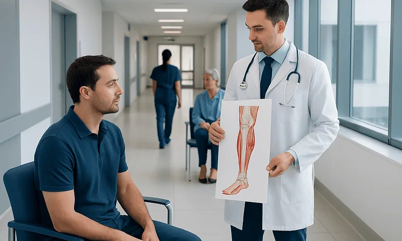 Doctor explaining lower leg anatomy to patient in hospital corridor.