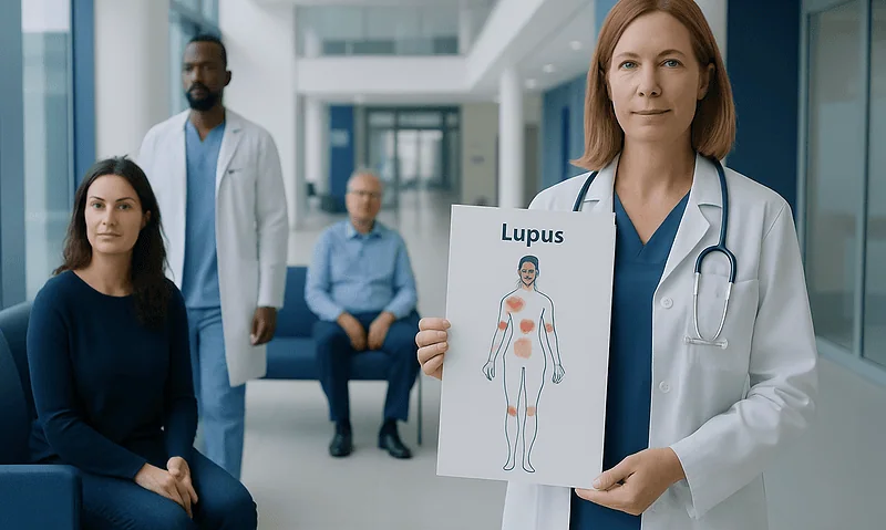 Medical professional holding lupus symptom chart in hospital setting.
