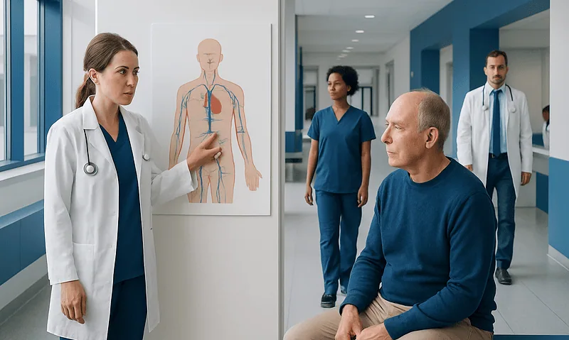 Doctor explaining lymphatic system to patient in hospital corridor.