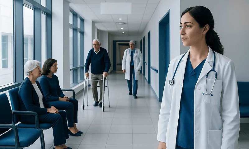 Healthcare professionals and patients in a hospital corridor.