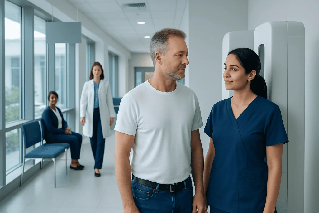 Male Breast Imaging: What to Expect From Mammogram and Ultrasound 1 Male patient and nurse in mammogram room at Acibadem Hospital.