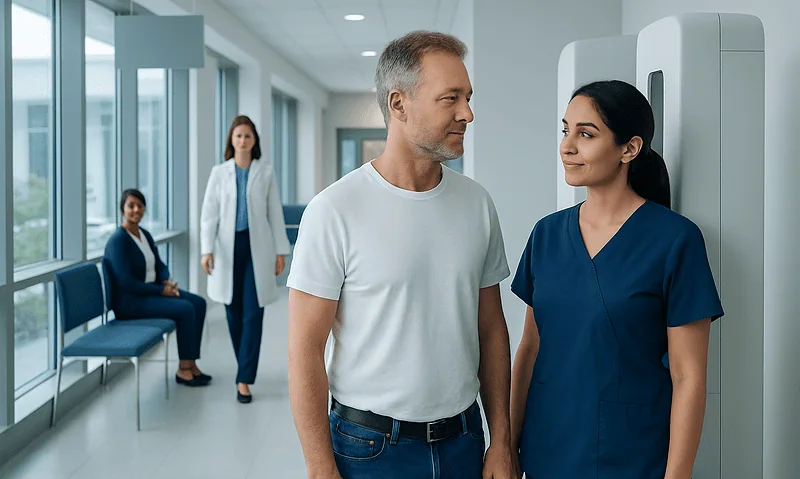 Male patient and nurse in mammogram room at Acibadem Hospital.
