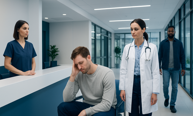 Patient in hospital waiting area with medical staff and visitors.