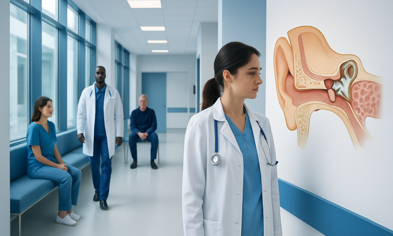 Medical team examining ear anatomy diagram in hospital corridor.