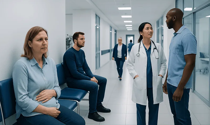 Medical consultation in hospital corridor with doctor and patients.