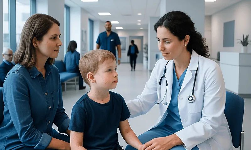 Pediatric doctor examining a young boy in a hospital setting.