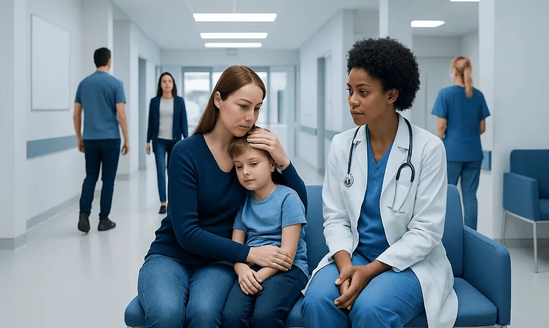 Child and mother with doctor in hospital corridor, healthcare setting.