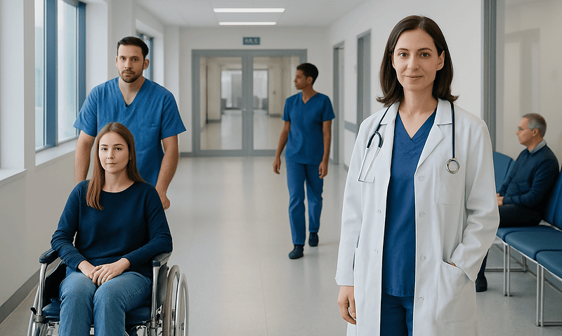 Healthcare professionals and patient in hospital corridor at Acibadem Hospitals Group.