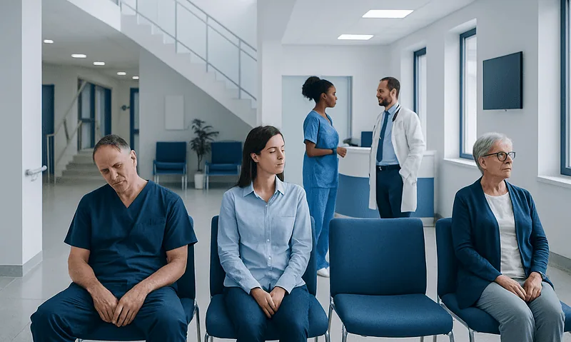 Patients waiting in a hospital corridor with medical staff in the background.