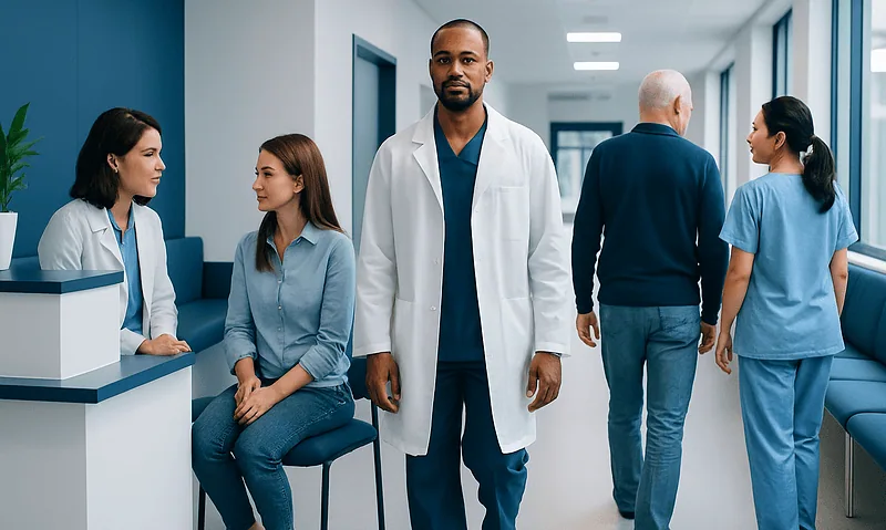 Medical team in hospital corridor with patients and staff.