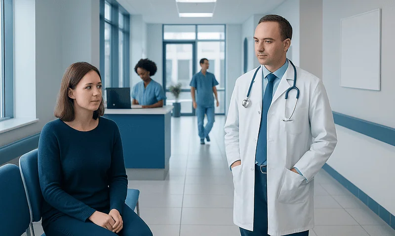Doctor consulting a patient in a hospital corridor.