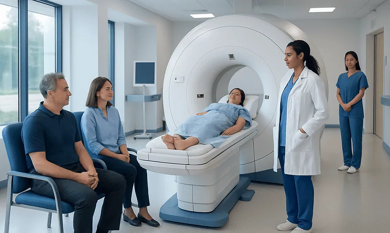 Patient undergoing MRI scan in a modern hospital setting.