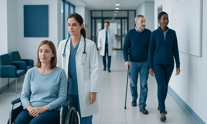 Multiple Sclerosis: Early Symptoms, MRI Findings, and Living With Relapsing Disease 7 Medical team and patient in hospital corridor, healthcare professionals and visitors.